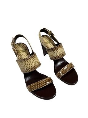 Stuart Weitzman Snakeskin Heels Womens 8.5M Brown Leather Slingback Sandal
